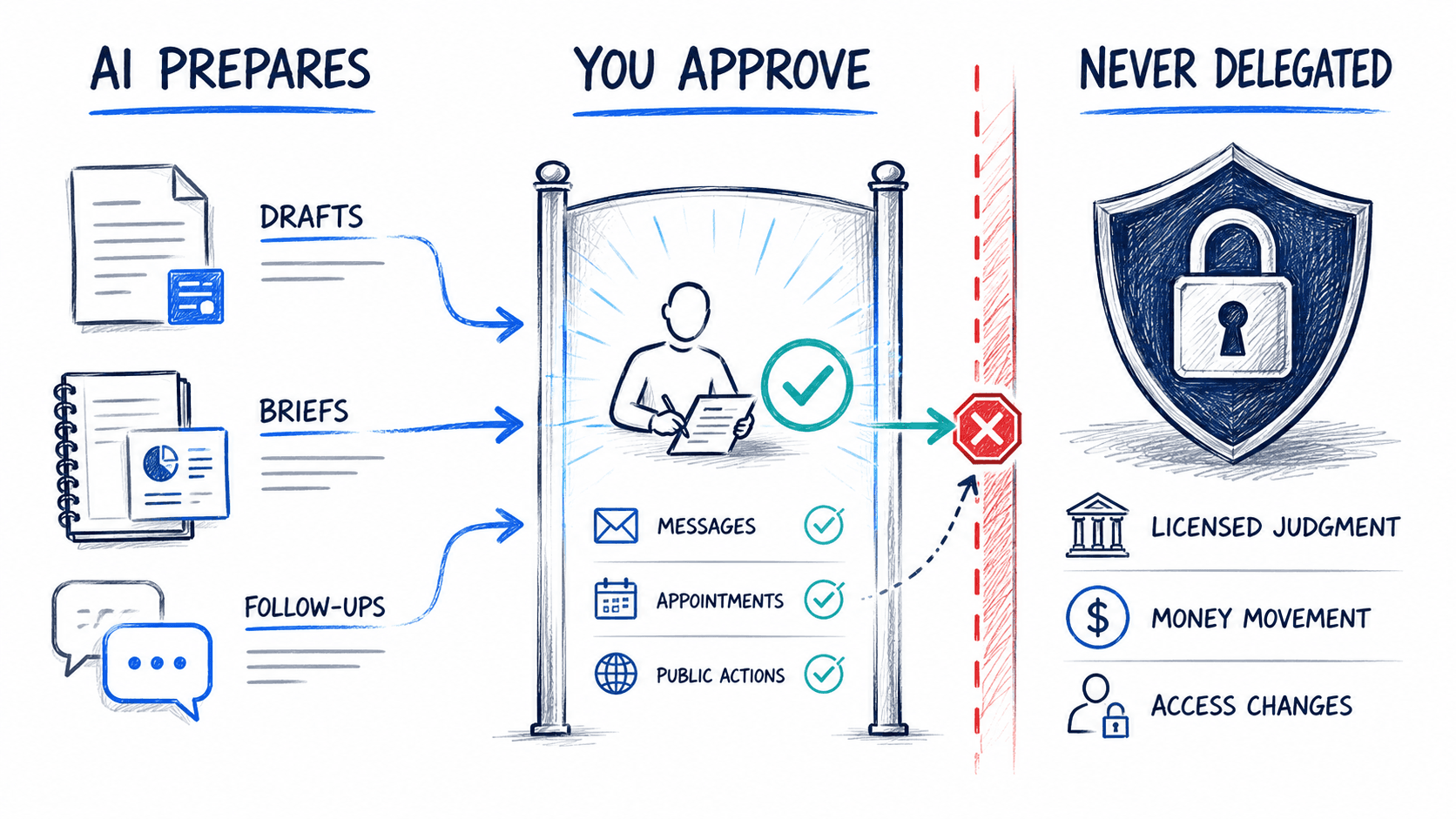 Three zones: AI Prepares (Drafts, Briefs, Follow-ups) flows into You Approve (Messages, Appointments, Public Actions held at a gate with your checkmark) — then a red stop line — then Never Delegated (Licensed Judgment, Money Movement, Access Changes locked behind a shield).