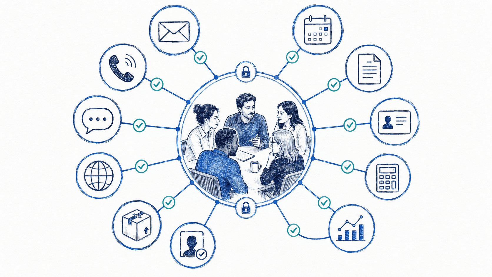 Five-person AI operating team at the center connected to twelve capability spokes — phone, email, calendar, documents, CRM, accounting, shipping, identity, analytics and more — each marked with a check and gated by approval locks. Nothing client-facing sends without your approval.