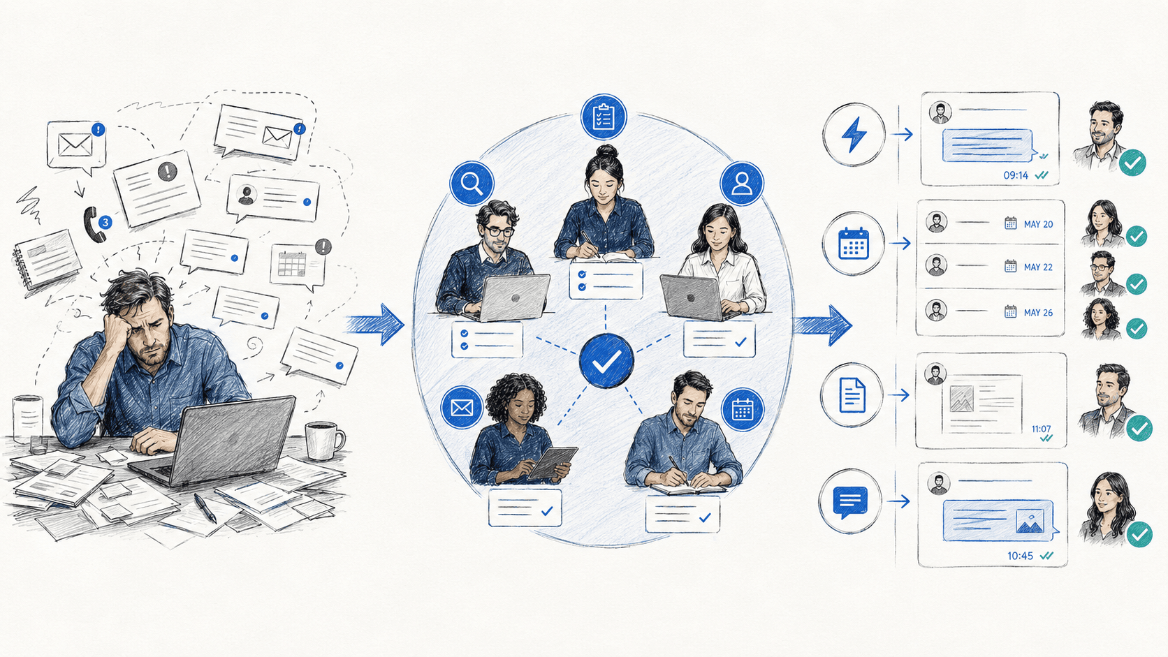 From scattered pings to owned workflow — five-person AI team with approval gate, leading to handled messages, calendar holds and deliverables
