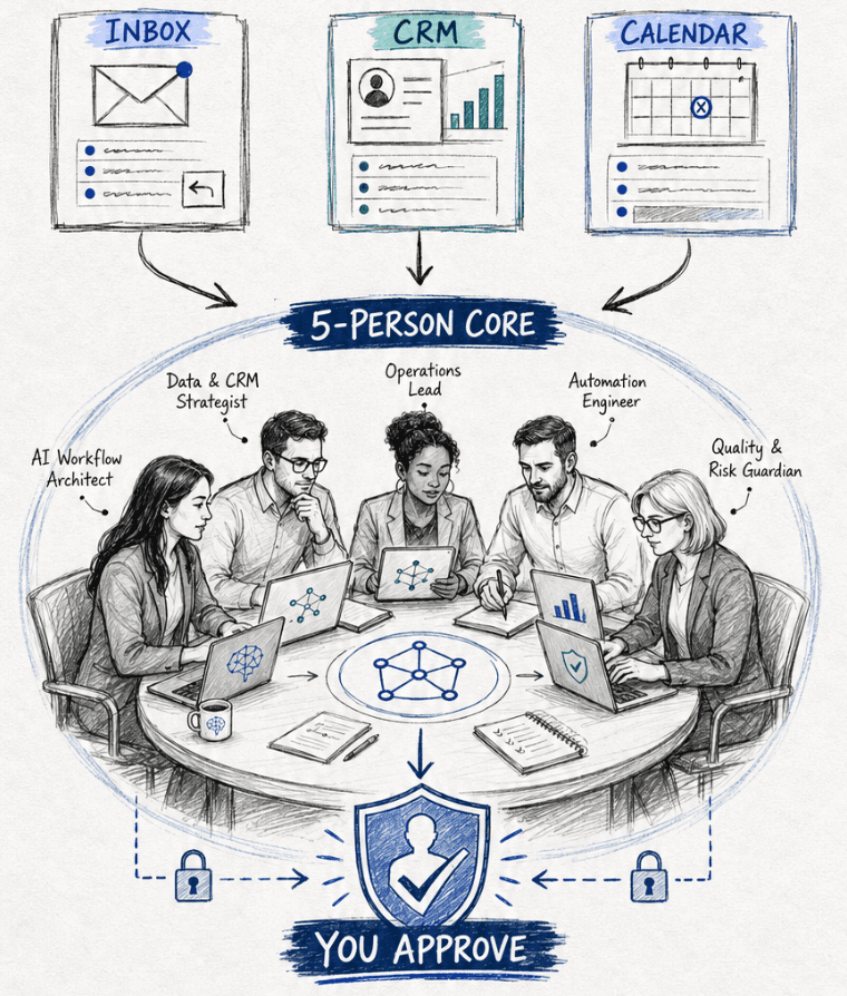 Inbox, CRM and Calendar flow into a five-person AI core around a table — AI Workflow Architect, Data & CRM Strategist, Operations Lead, Automation Engineer and Quality & Risk Guardian — with a shielded approval gate.