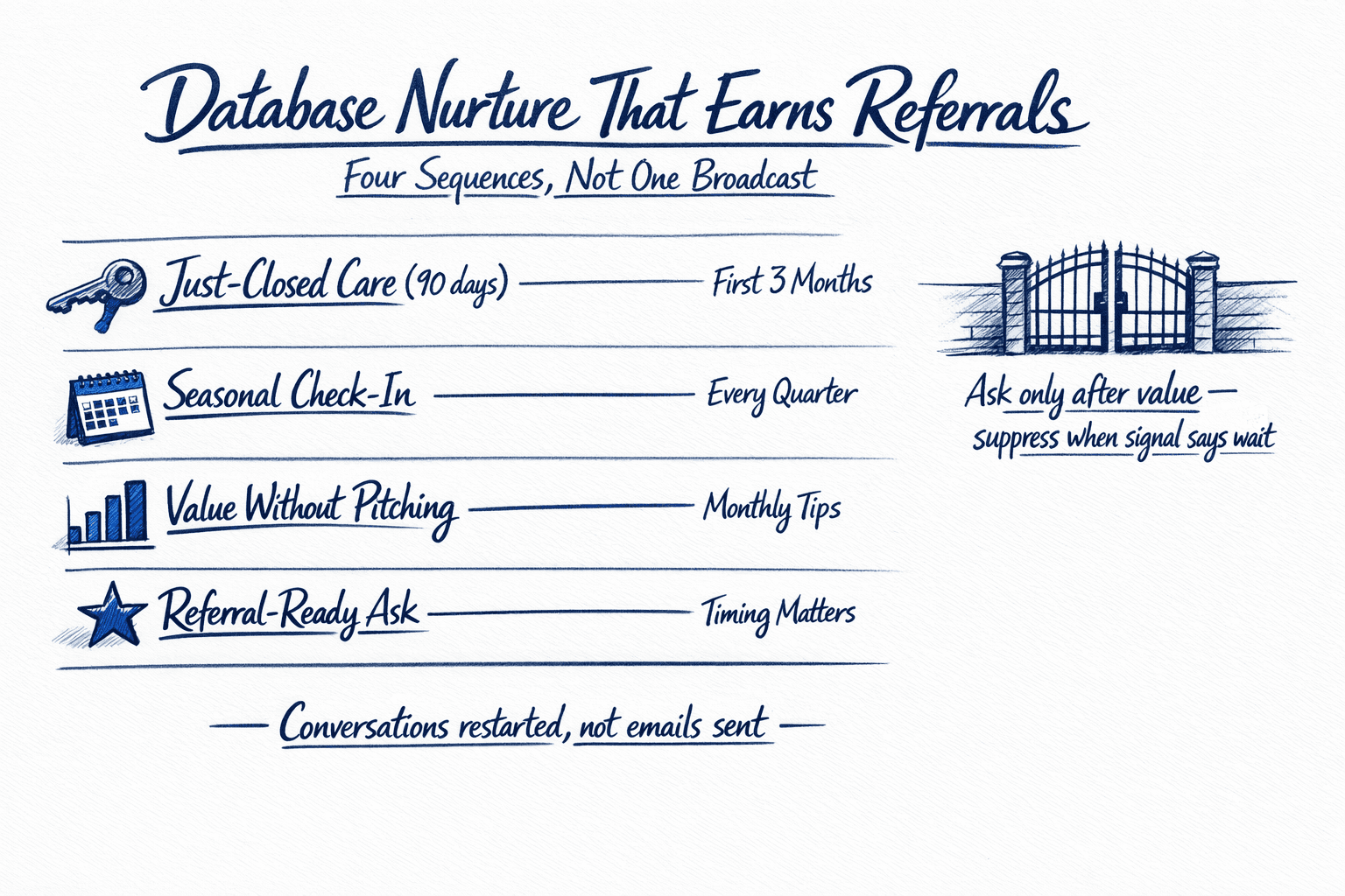 Hand-drawn four-lane nurture system: Just-Closed Care, Seasonal Check-In, Value Without Pitching, Referral-Ready Ask.