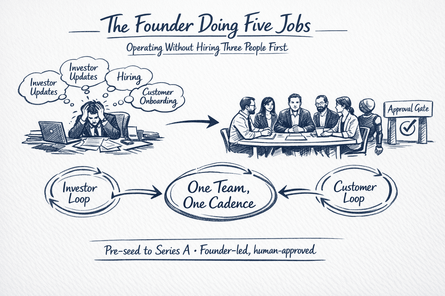 Hand-drawn illustration: overwhelmed founder juggling five thought bubbles — Investor Update, Hiring Pipeline, Interview Loop, Customer Onboarding, Renewal — transitioning to a calm desk with a five-role AI operating team handling handoffs, with an approval gate icon before every external send.