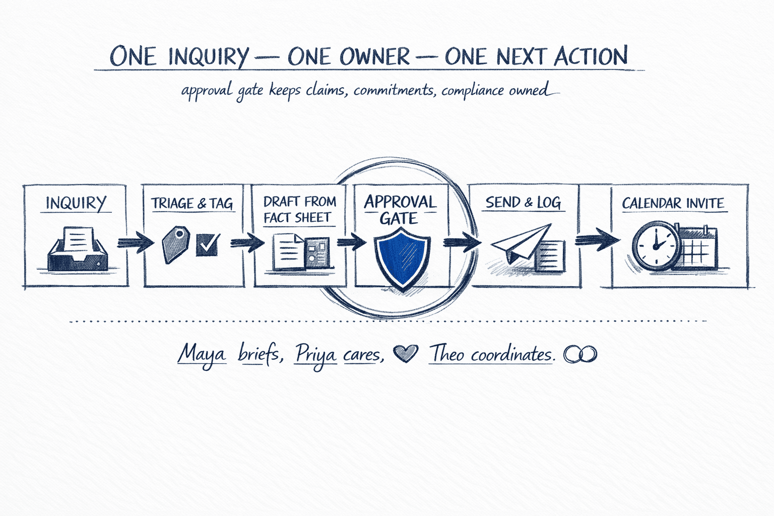 Hand-drawn six-box flow left to right: Inquiry → Triage & Tag → Draft from Fact Sheet → Approval Gate (shield) → Send & Log → Calendar Invite (clock), with a dotted line below labeled Maya briefs, Priya cares, Theo coordinates.