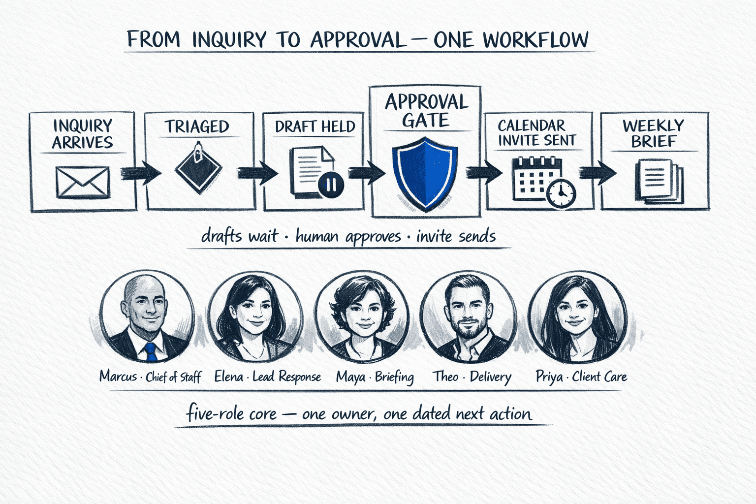 Hand-drawn workflow strip: Inquiry Arrives → Triaged → Draft Held → Approval Gate → Calendar Invite Sent → Weekly Brief, with the five-role core shown beneath and a shield icon on the approval gate.