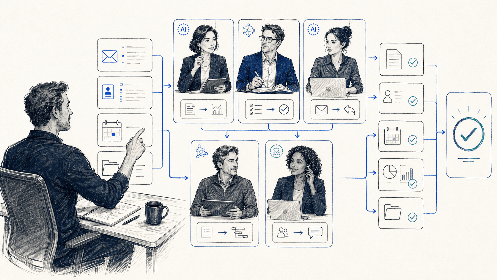 Owner at his desk sends email, profile, calendar and file intake to a five-person AI team — three above and two below — who each process their stream and produce completed outputs: documents, profiles, calendar holds, analytics and files, all converging to a single verified completion check.