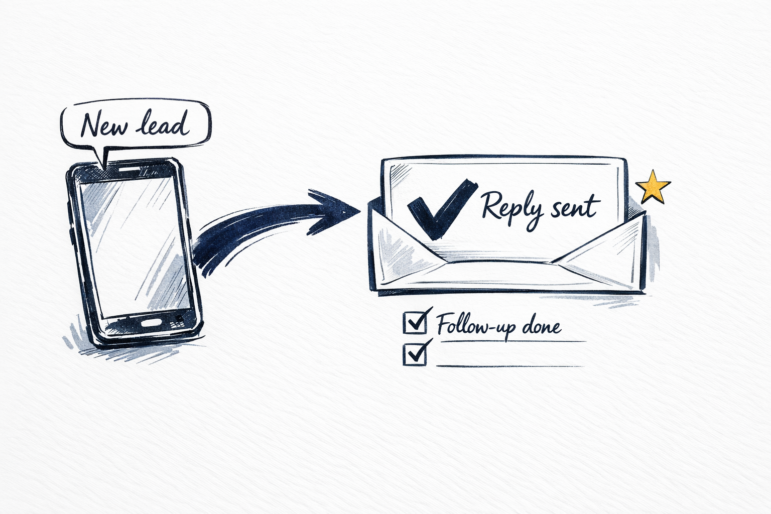 Hand-drawn sketch: a new lead arrives on a phone, a reply goes out, and follow-up gets checked off.